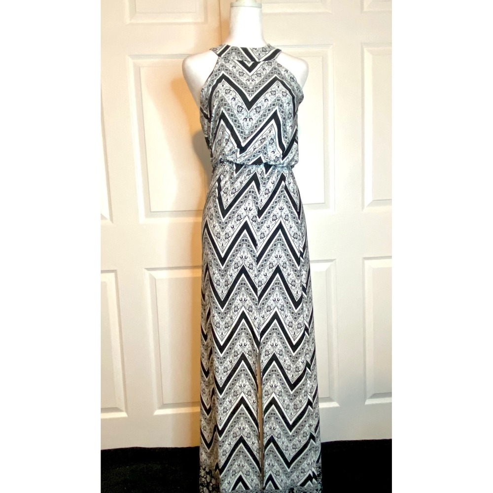 Black White Chevron Floral Vacation Maxi Dress Front Slit Sleeveless Beach